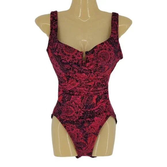 Miraclesuit US 8 paisley park red escape side shirring 1 piece swimsuit 468266 - Picture 1 of 16